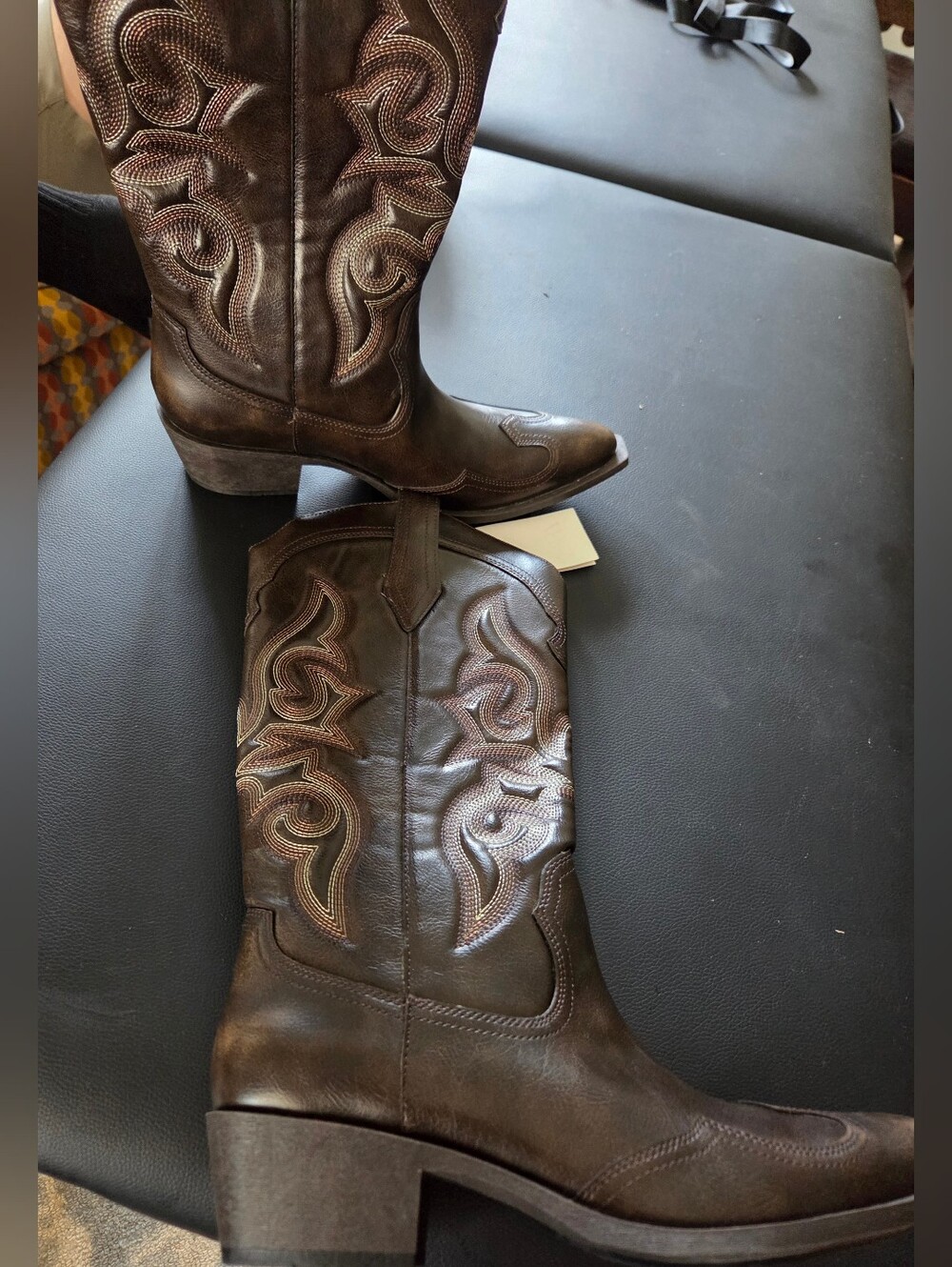 Zara Women's Western Cowboy Boots in Dark Brown - Classic Leather Look - Picture 2 of 3